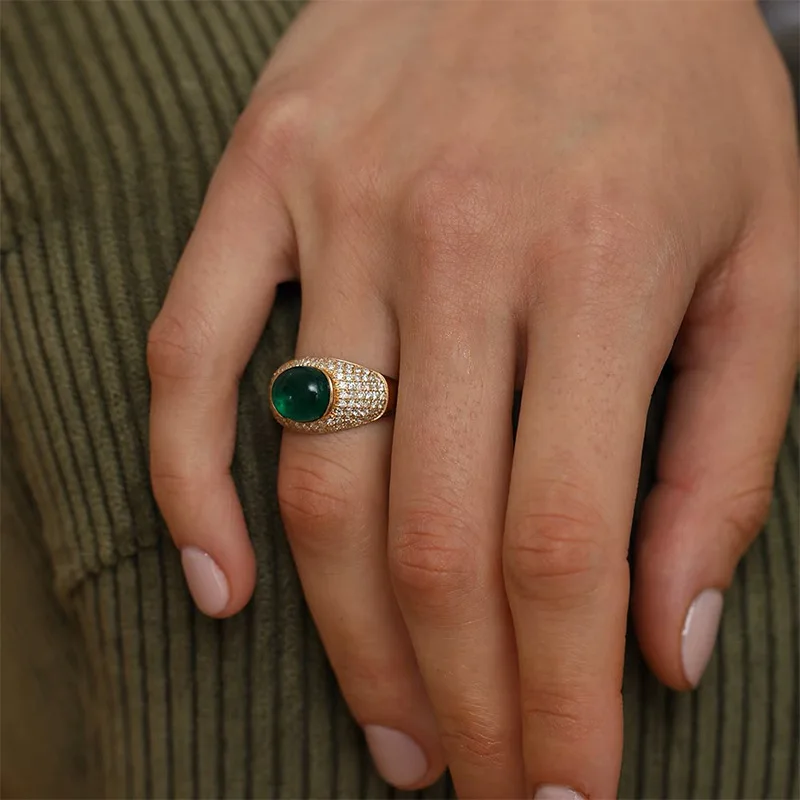 Modern Vintage Gold Tone Wide Pave Clear CZ Emerald Green Oval Rings for Women Party