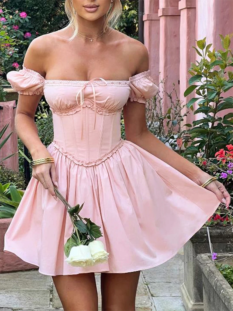 Fashion Women Elegant Short Sleeve Corset Dress Square Neck Solid Color Backless A-Line Flowy Mini Dress Vintage Streetwear