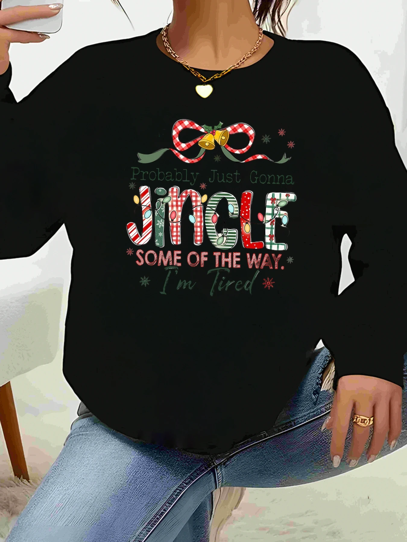 Jingle Bell Patrón Navidad Impreso Manga Larga Top Vacaciones Ropa Casual Mujer