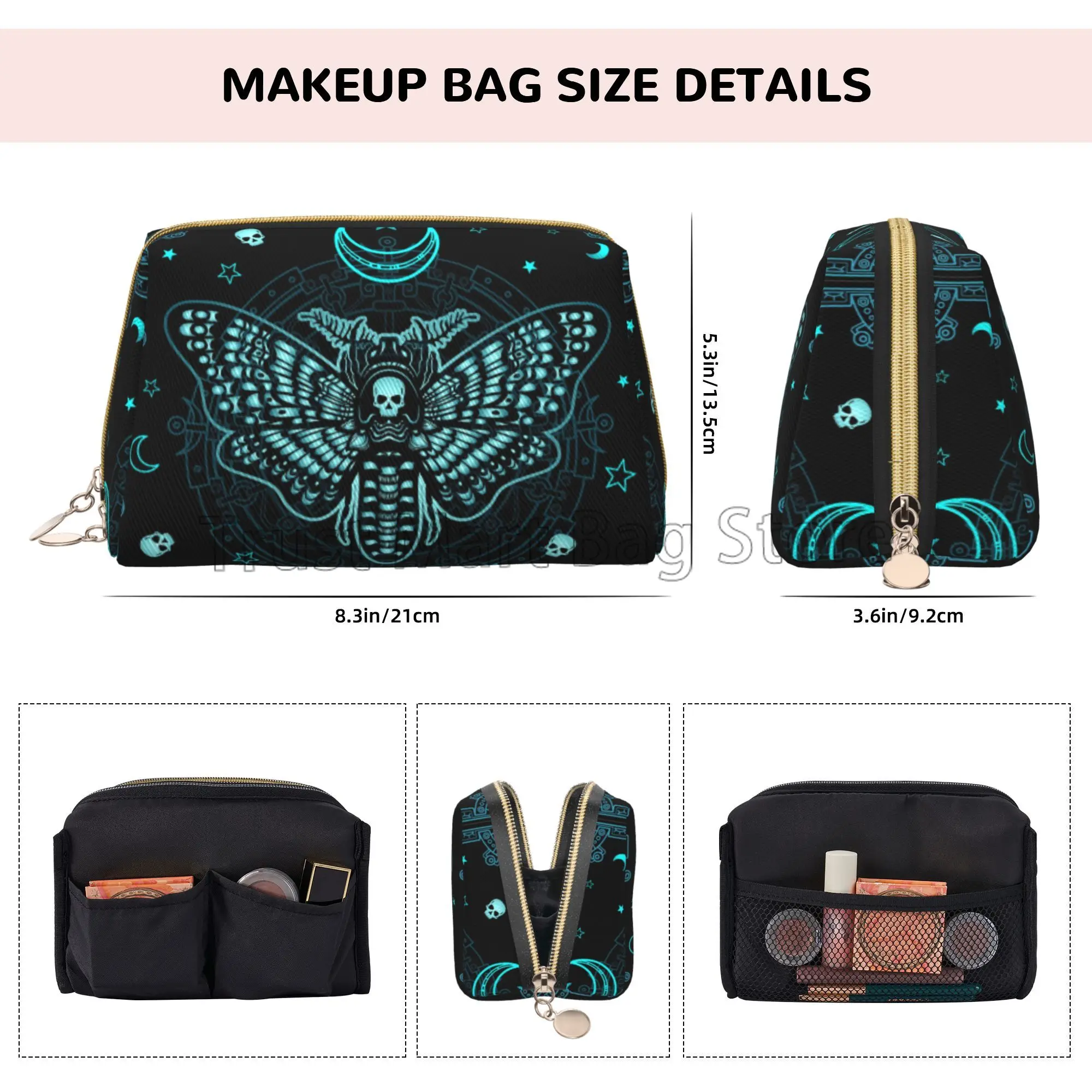 Mystical Moth Skull Dead Head Leather Travel Cosmetic Bag Black Skull Moth Large Capacity Waterproof Toiletry Bag Makeup Pouch