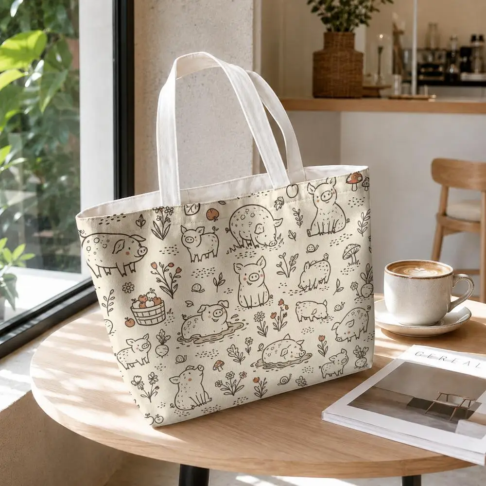 Rustic Farm Animal Seamless Storage Bags 2-Piece Set Double-Sided Canvas Tote Bags with Zipper Shopping Shoulder Handbags