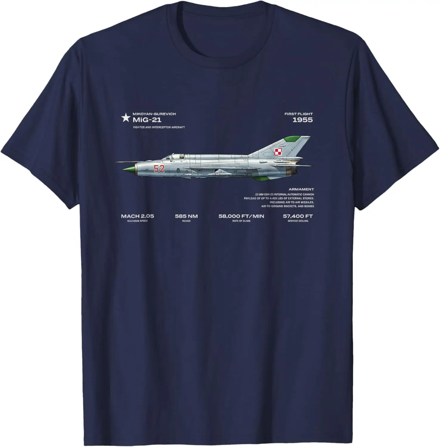MiG-21 Fighter Jet Soviet Aircraft Design T-Shirt Short Sleeve Casual 100% Cotton Shirt