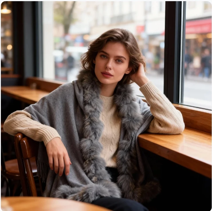 Luxurious 100% Pure Cashmere Cape with Real Fox Fur Trim Warm Autumn Winter Scarf Shawl Wrap Poncho for Women