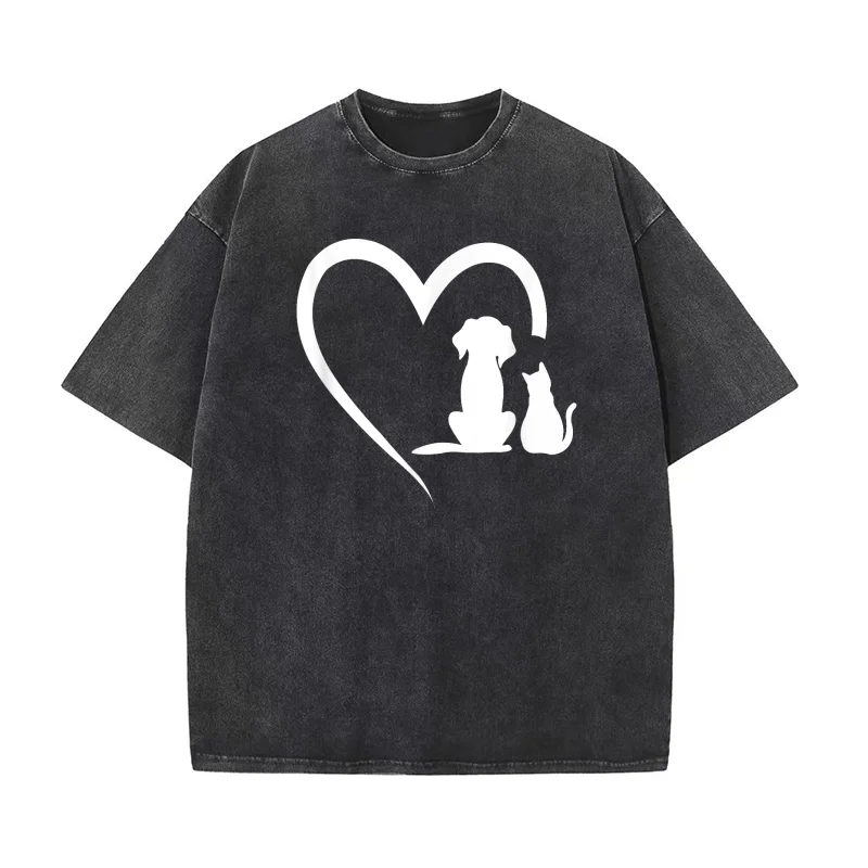 

Dog Puppy and Baby Cat Heart Animal Dog & Cat Heart Pure Cotton T-shirt For Man Oversized Art Graphic Clothing Printed