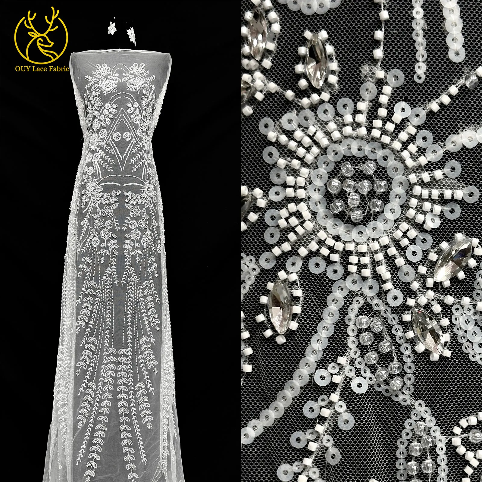 Nigerianisches weißes Hochzeitskleid Tüll-Mesh-Spitzenstoff Hochwertiger französischer Stein-Spitzenstoff Afrikanischer Perlen-Pailletten-Spitzenstoff – Detail 7