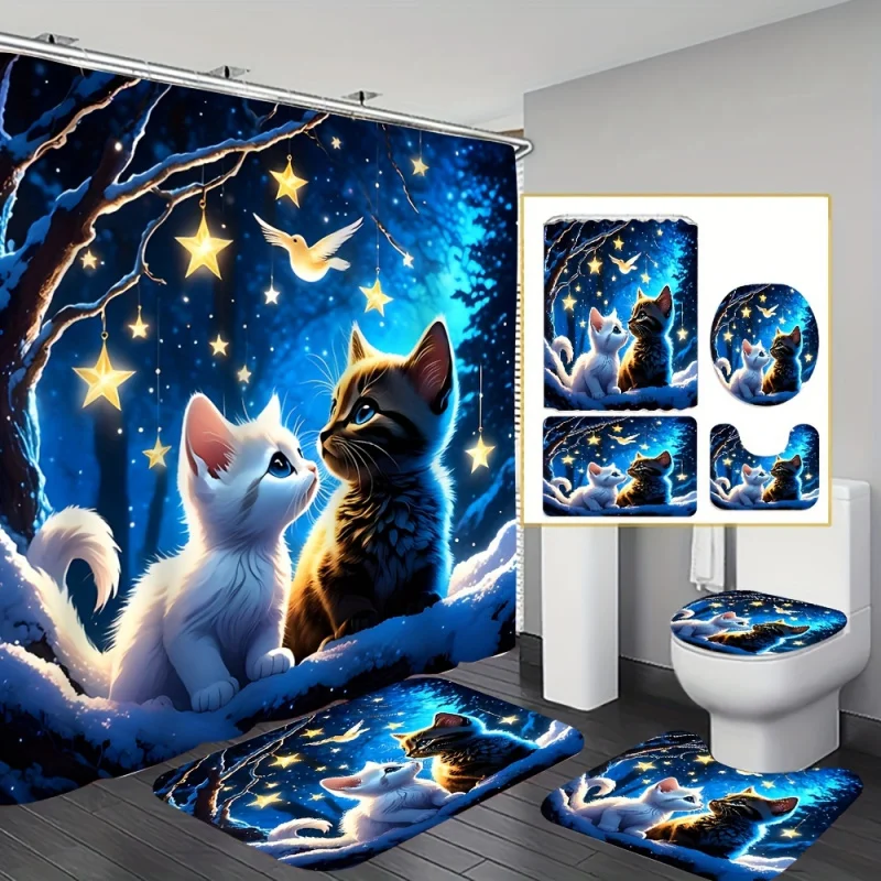 4pcs Cute Maine Coon Cat Shower Curtain Set, Artistic Polyester Bath Decor with Waterproof Curtain, Non-Slip Mat, Toilet Cover