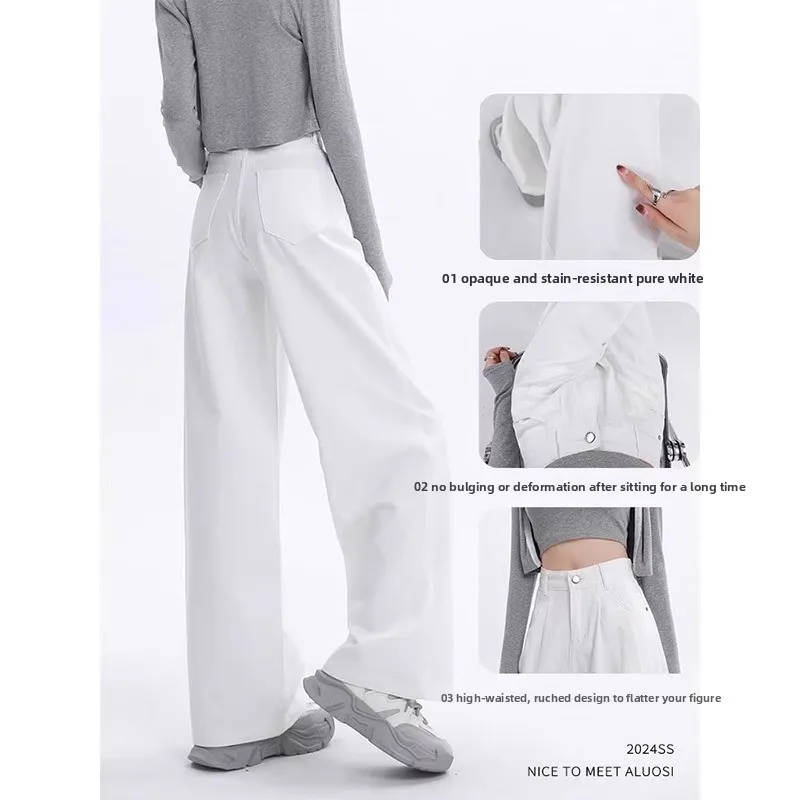 กางเกงยีนส์ทรงตรงเอวสูงขากว้างแบบใหม่สำหรับฤดูใบไม้ผลิ ผู้หญิง สีขาวพับได้ ทรงหลวม ช่วยให้ดูผอม ยาวคลุมเท้า ผ้าพลิ้ว