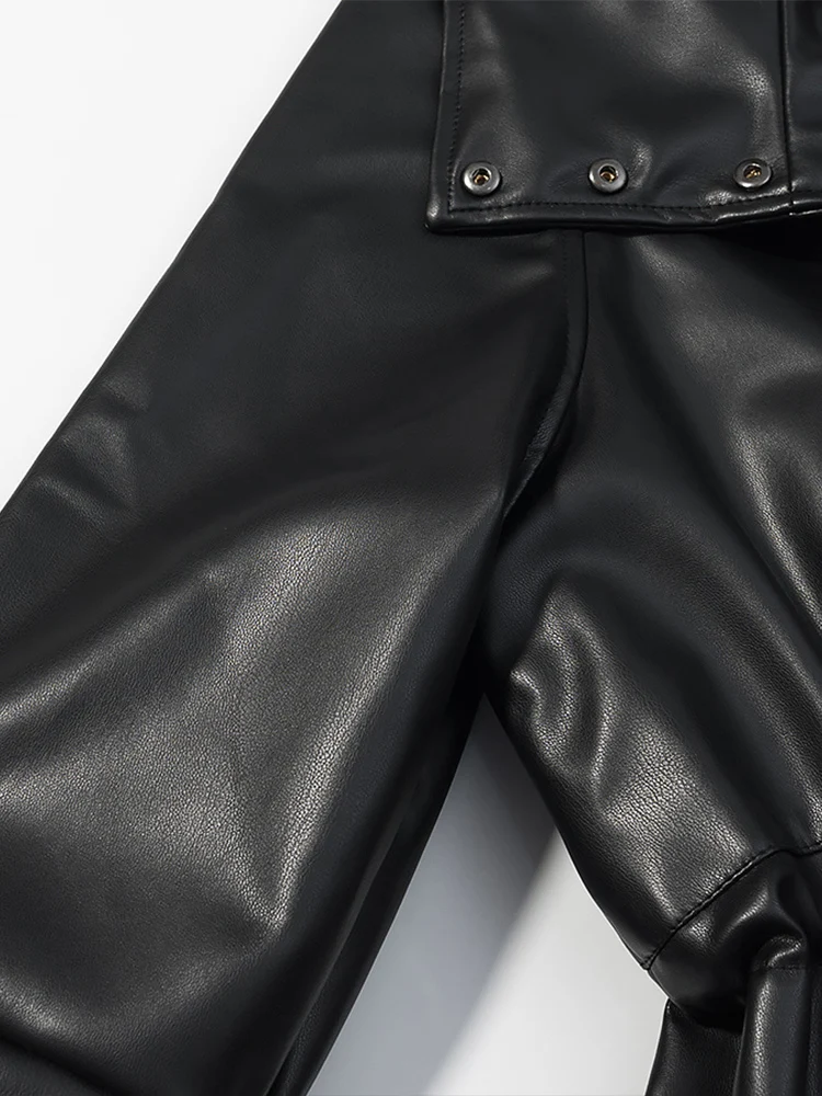 เสื้อโค้ทหนังทรงยุโรปแบบใหม่สำหรับผู้หญิง ดีไซน์ทันสมัยและใช้งานได้หลากหลาย คอตั้ง ผูกเชือกเอว ความยาวปานกลาง