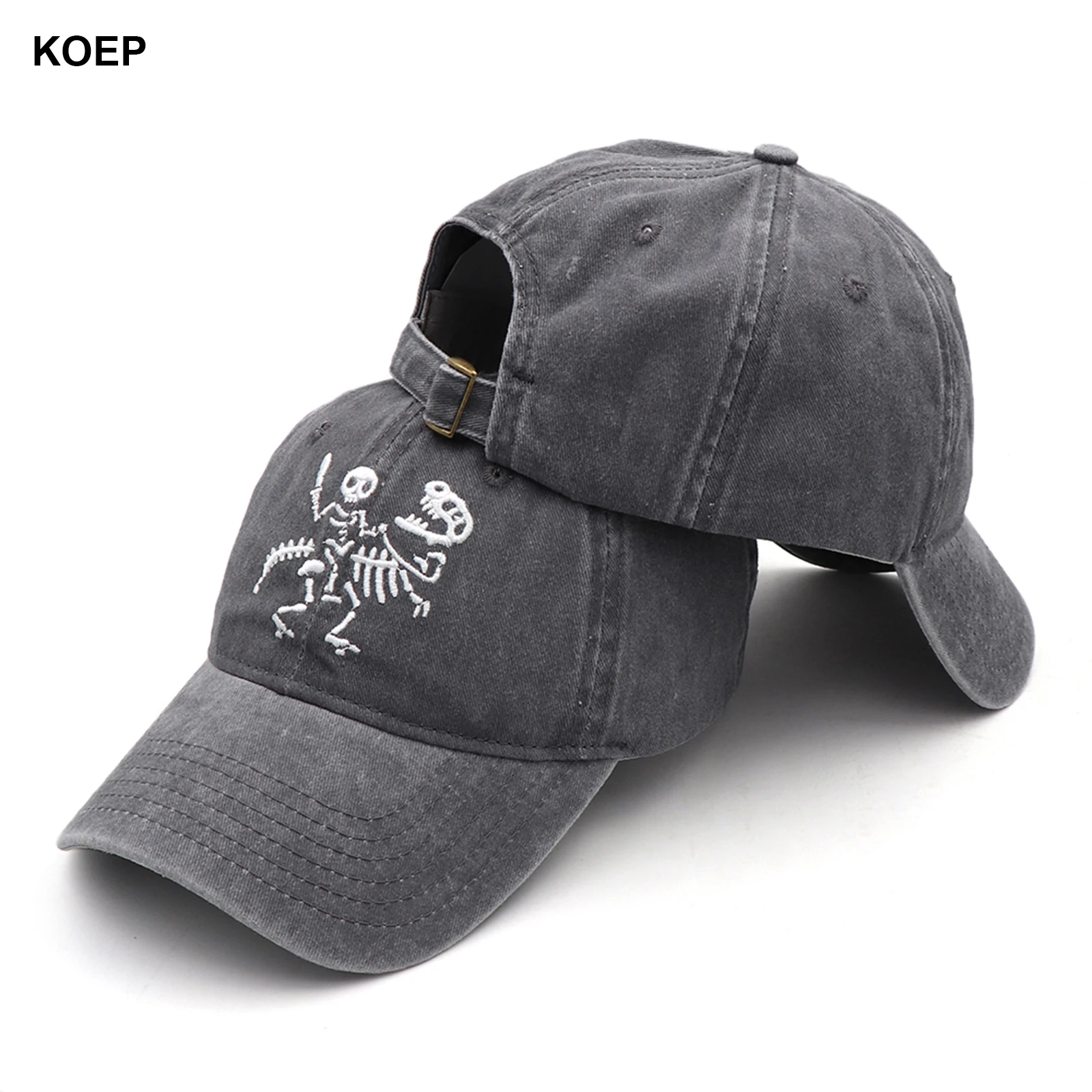 KOEP Skeleton Man Riding Dinosaur Water Wash Fishing Baseball Caps 2D Embroidery Outdoor Sports Snapback Hats