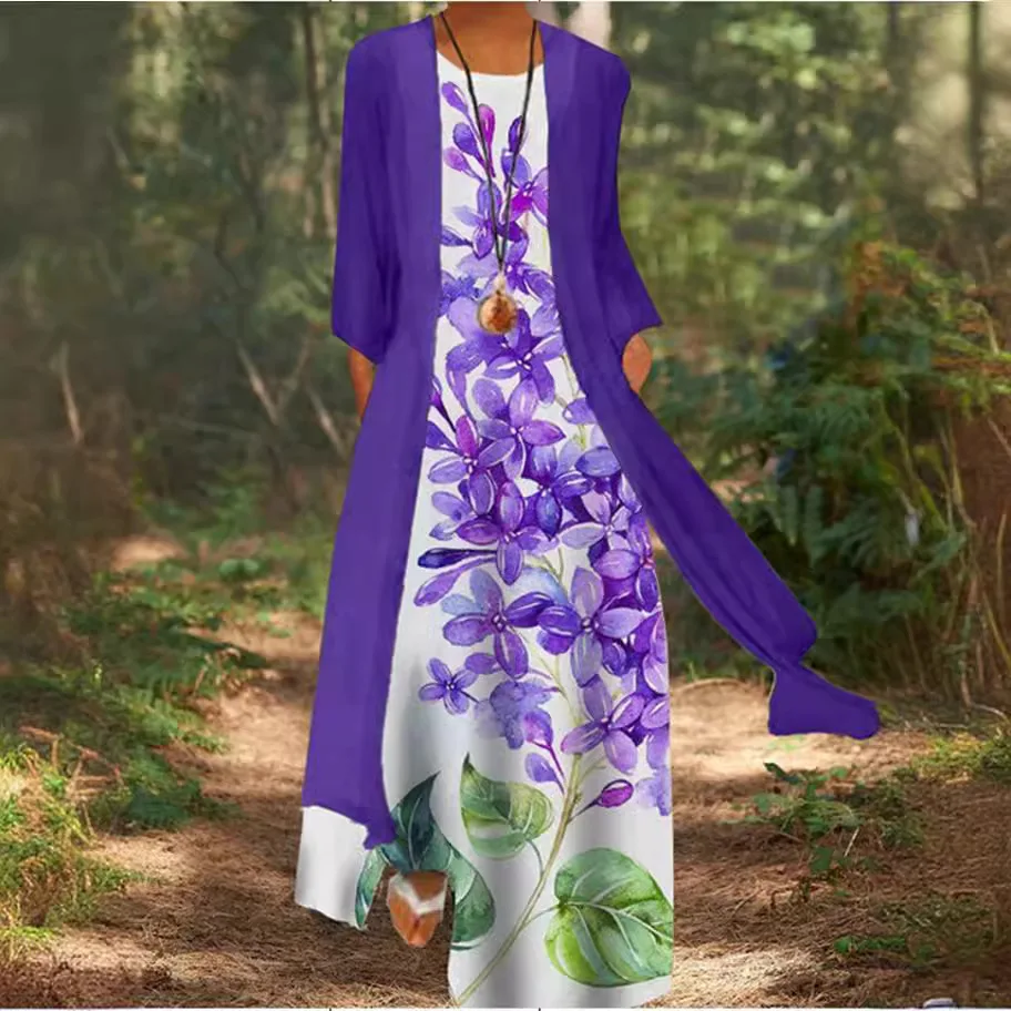 Nuovo set da due pezzi Lady Flower Print Abito lungo senza maniche con cardigan Abiti caldi Donna 2025 Summer Boho Abiti eleganti Cappotto