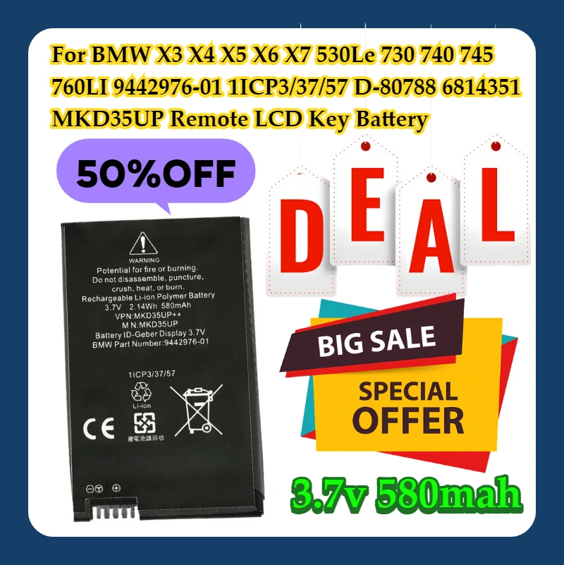 

For BMW X3 X4 X5 X6 X7 530Le 730 740 745 760LI 9442976-01 1ICP3/37/57 D-80788 6814351 MKD35UP Remote LCD Key Battery