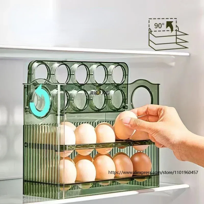 Foldable Refrigerator Egg Holder Box Organizer with 3-Layer Flip Fridge Door Storage Rack for Kitchen Space Saving