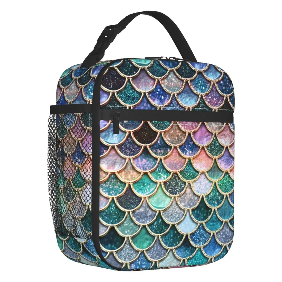 Mermaid Scales Insulated Lunch Bag for Women Waterproof Teal Silver and Pink Sparkle Cooler Thermal Lunch Box Office Work School