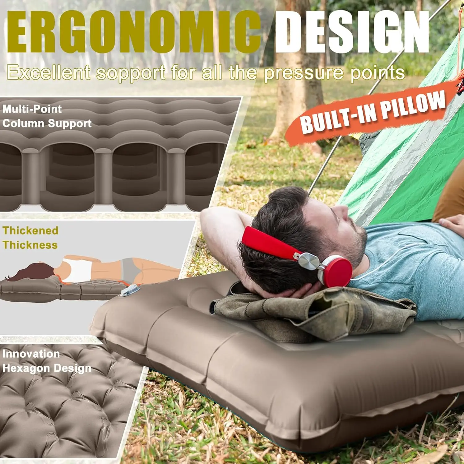 Inflatable Camping Sleeping Pad with Pillow, Extra Thick 4 Inch Sleeping Pad with Built-in Pump for Tent Travel