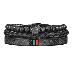 Luxury Handmade Braiding Bracelet Men Pave CZ Leopard Head Enamel Green Red Bracelet Stainless Steel Jewelry Dropshipping