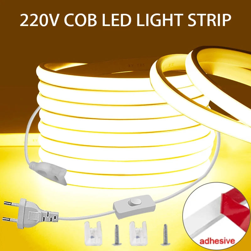 Taśmy LED 220v z przełącznikiem High Bright LED COB Lights Strip Waterproof Outdoor Garden Room Decor Elastyczna taśma wstążkowa