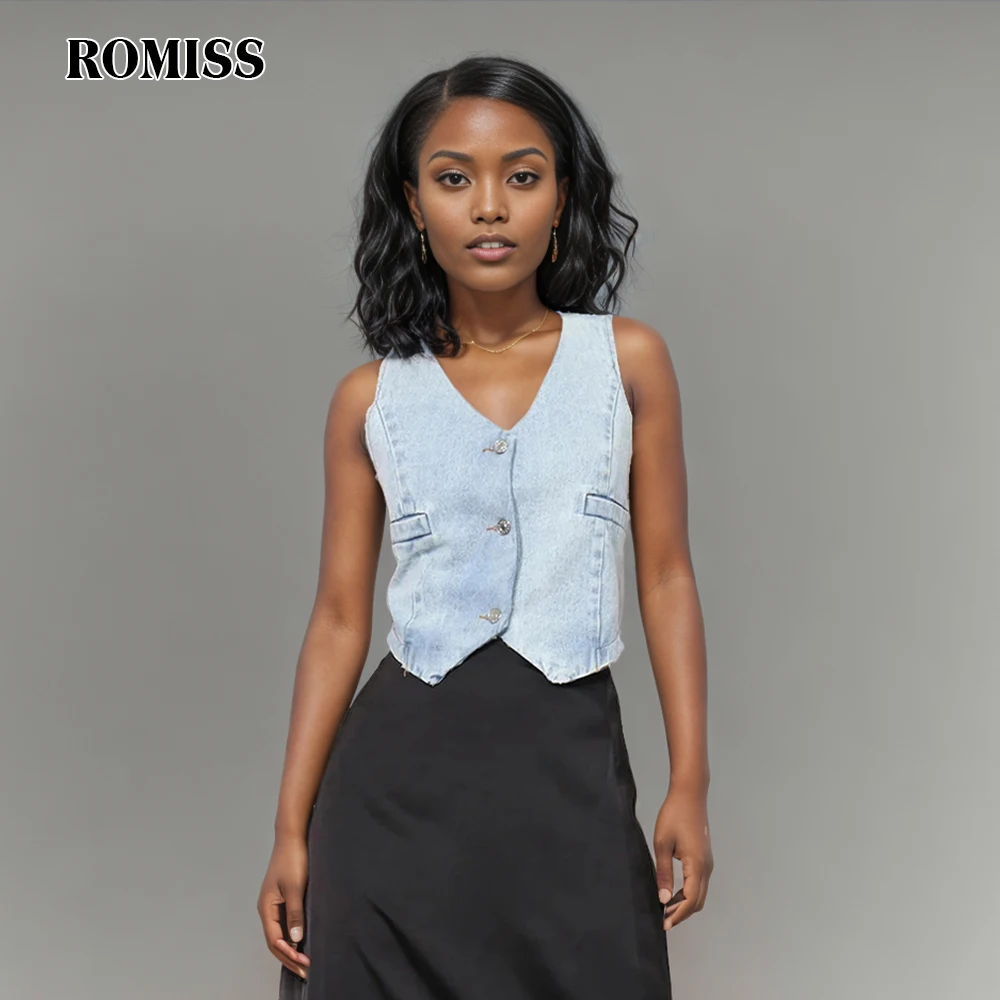 ROMISS Hollow Out Denim Tank Tops For Women V Neck Sleeveless Single Breasted Short Vests Female Clothes 2024 Fashion Vintage