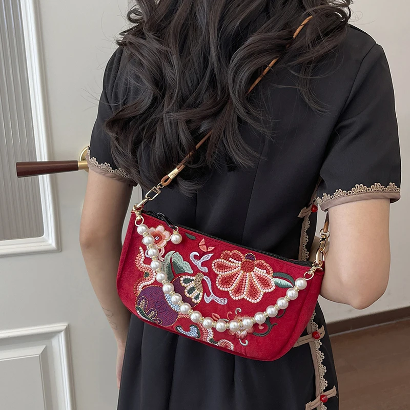 Chinesische Umhängetasche mit Blumenstickerei, Damen-Schultertasche, Handtasche mit Perlenhenkel, Vintage-Geldbörse im ethnischen Hanfu-Stil – Detail 26
