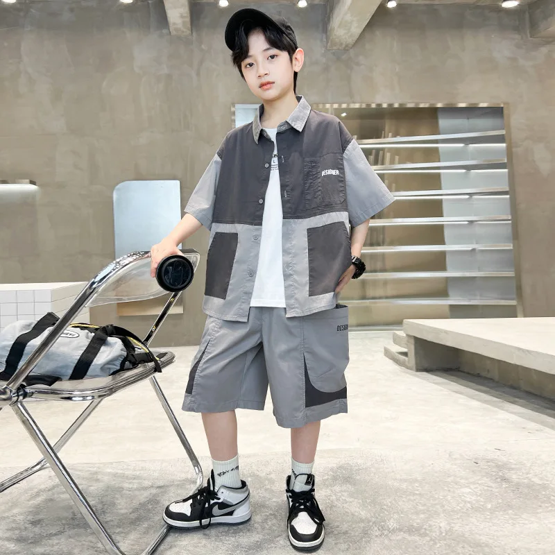 2pcs Children Summer Fashion Casual Button Up Shirt and Shorts Set for Teen Boy Stylish Outfit Daily Wear Kids Clothes