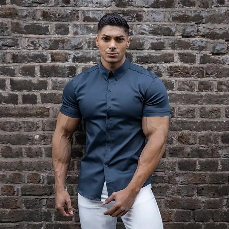 Solid Color Shirt New Summer Men\'s No-Ironing Shows Figure Casual Stylish Suit Short XL-XXXL Black White Navy Blue