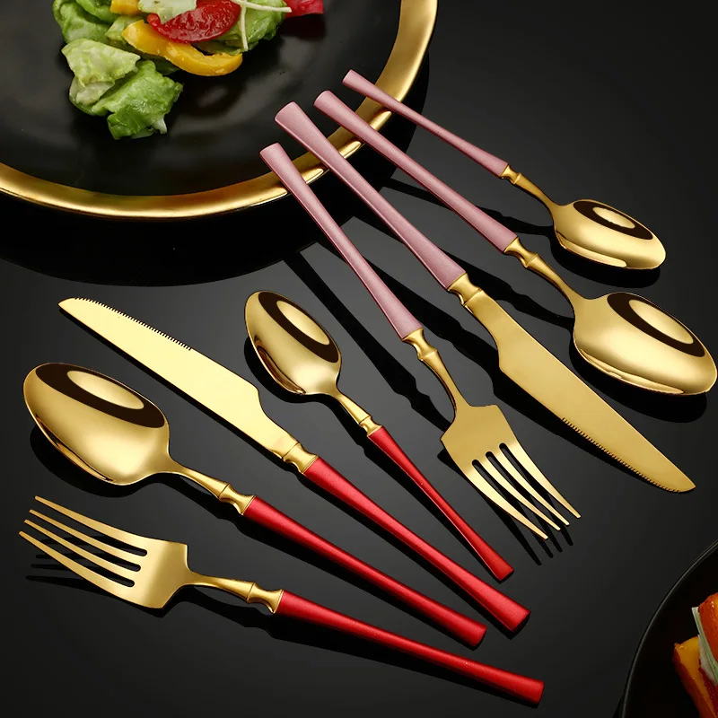 New 5PCS 304 Stainless Steel Cutlery Set with Pattern Gold Silver Western Tableware Knife Fork Spoon Utensils for Kitchen