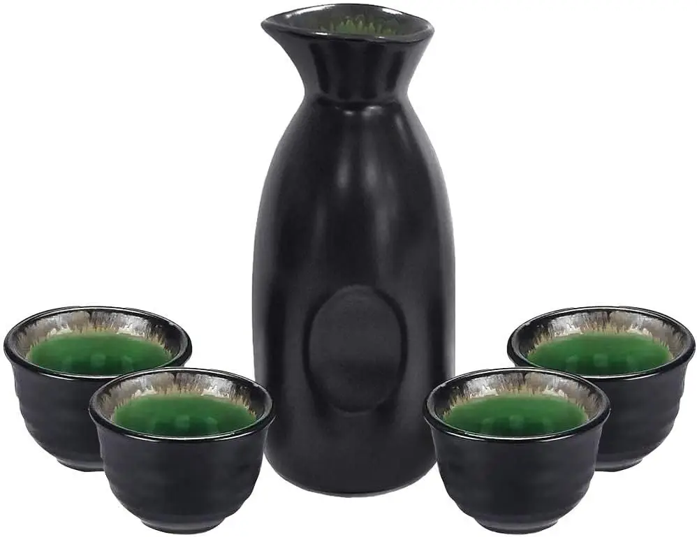 

Sake Set Black Japanese 5 Pieces Traditional Japanese Saki Cups Set Hand Painted Design Porcelain Pottery Ceramic Soju Cup Sake