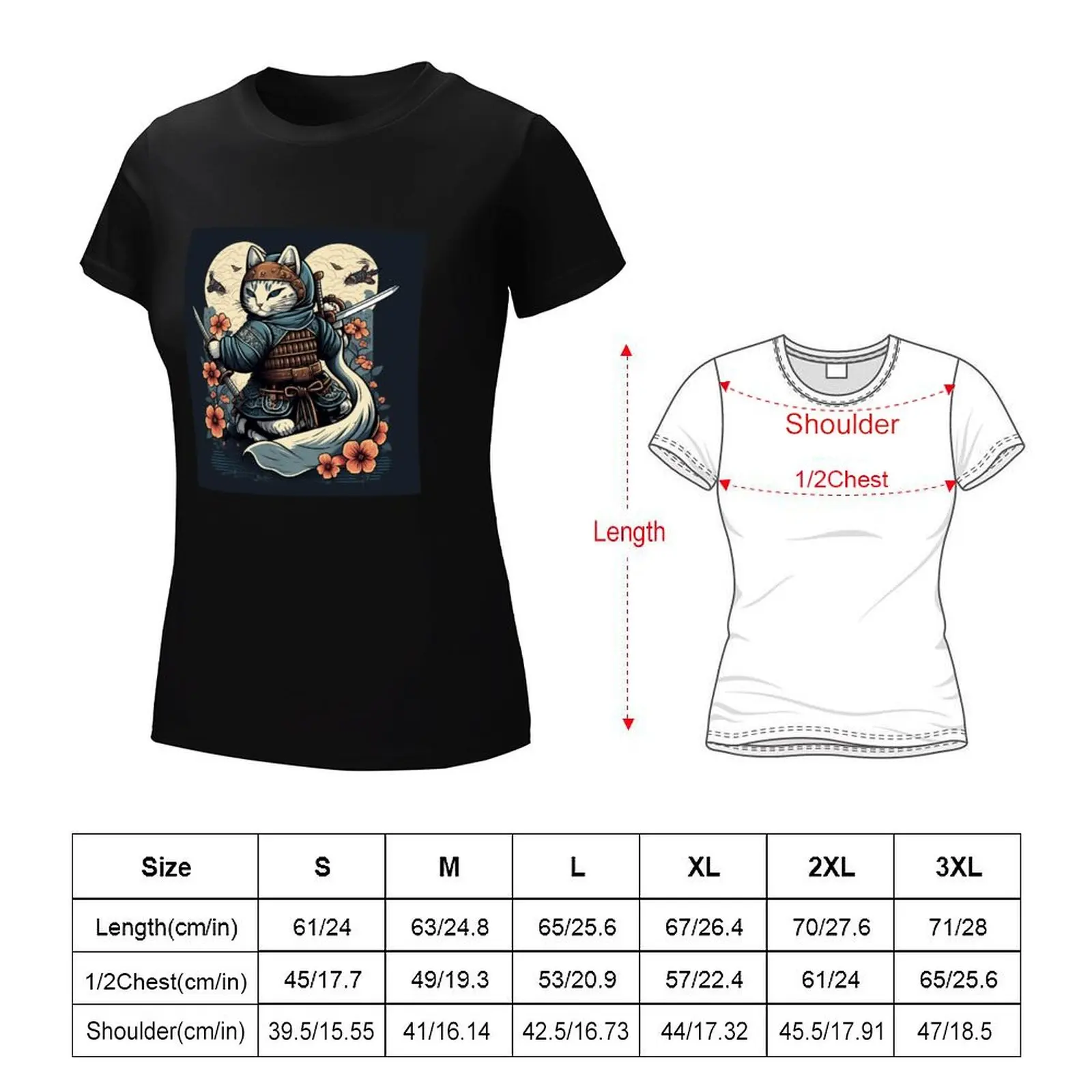 Catzilla-Camiseta de arte Retro japonés para mujer, ropa de verano, Gato Samurai