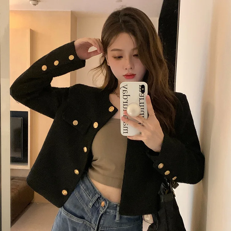 High Quality Hot Selling Wholesale Autumn Winter New Temperament Button Solid Color Luxury Jacket Slimming Versatile Coat Women