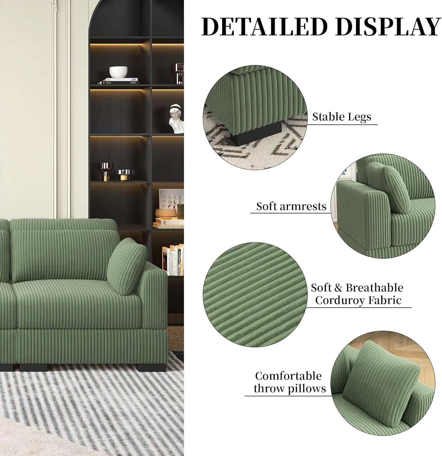 130 Inch Sectional Couches For Living Room,4 Seater Lounge Sofa With 6 Pillows,Extra Comfy Corduroy Sectional Couch With