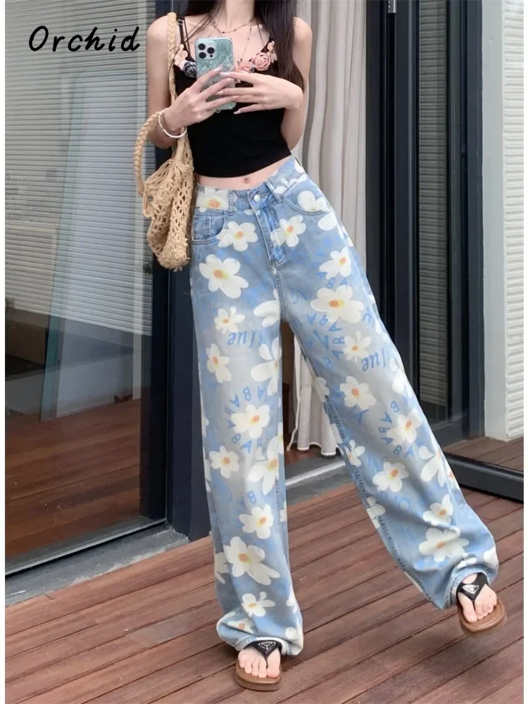 Calças jeans elegantes e largas femininas, jeans largos casuais, harajuku, lavado sólido, solto, calça de verão, estampa de flores, anos 2000, 2024