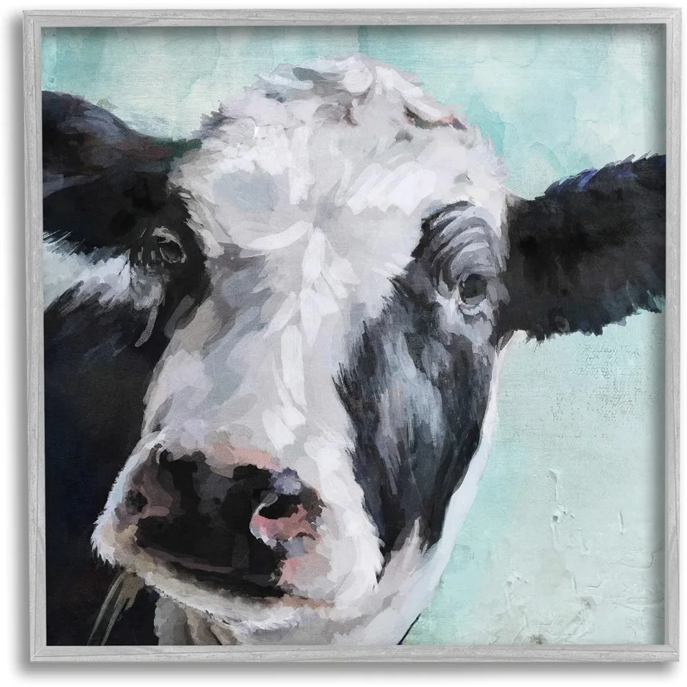 

Painting,Gentle Farm Cow Painting on Blue, Design By Main Line Studio, Gray Framed Wall Art, 17 x 17,Wall Art,Line Studio,Design