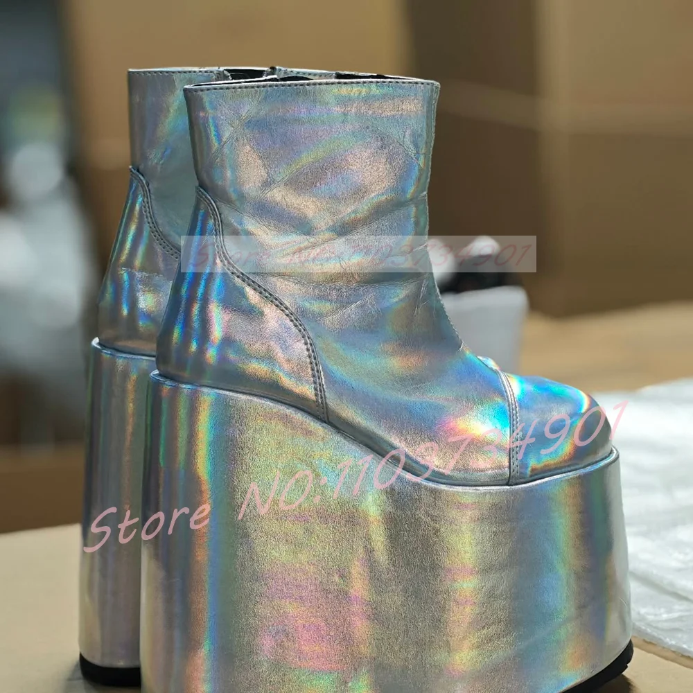 Metallic Wedges Platform Ankle Boots Women Silver Holographic High Heels Boots Zipper Club Music Festival Shoes Big Size 50