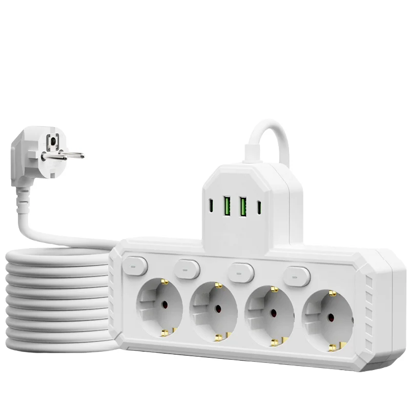 

Удлинитель с вилкой EU, с индивидуальными выключателями, 4 розетки переменного тока, 2 USB-A, 2 порта Type-C, защита от перенапряжения