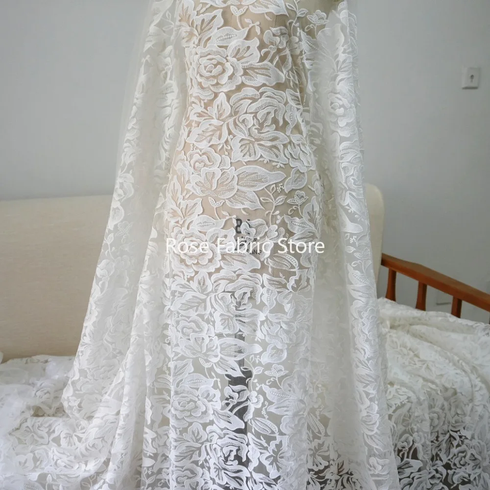 White Floral Embroidered Lace Fabric for Mermaid Wedding Gown Qipao Evening Party Dress Stage Costume DIY Sewing Material