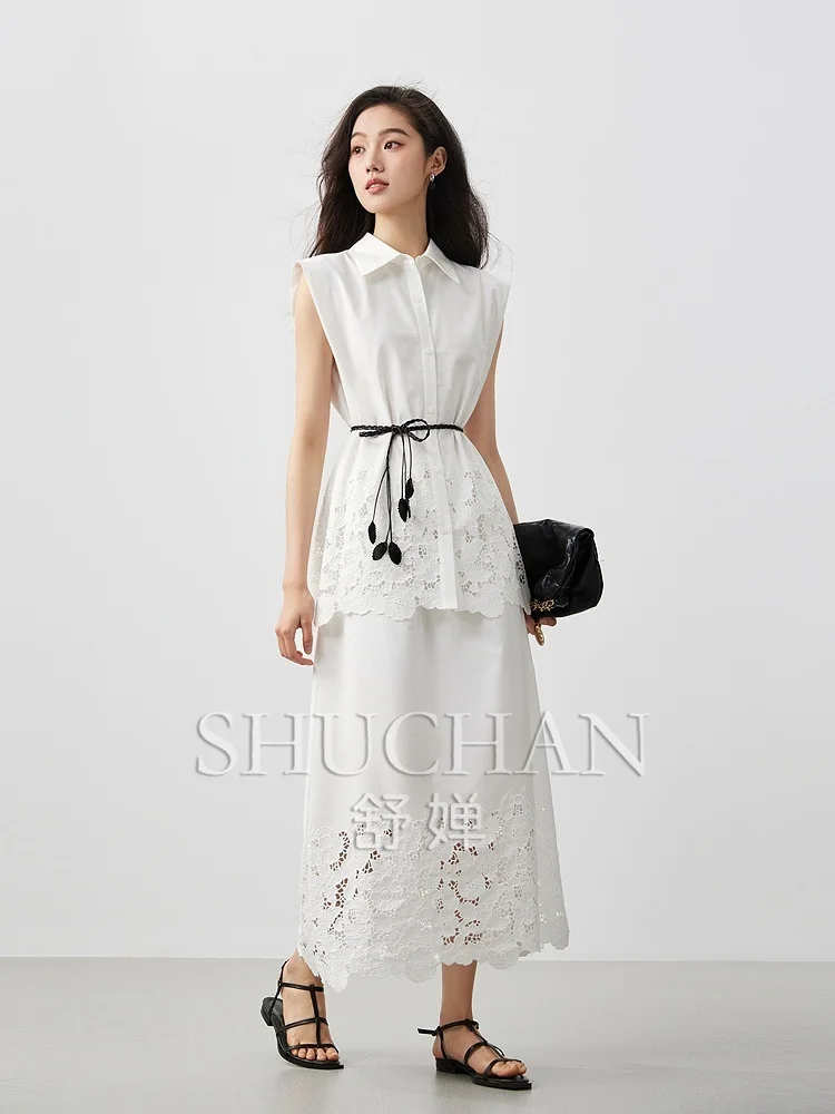 

Cotton French Hollow Flower Carved Hole Embroidered Temperament Shirt + Skirt Two-piece Set conjuntos feminino elegante