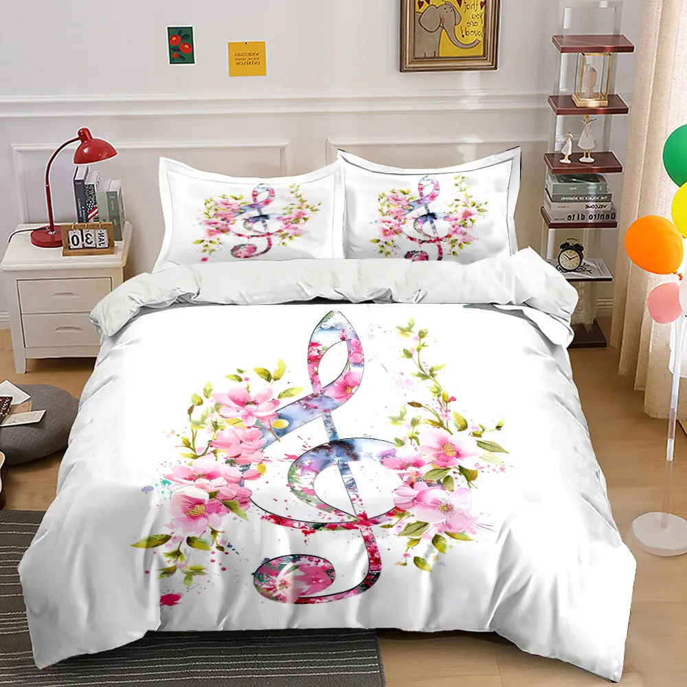 Pink flower musical symbols Pattern Duvet Cover Set Digital Print Colorful Polyester Bedding with Zipper Closur for kids gifts