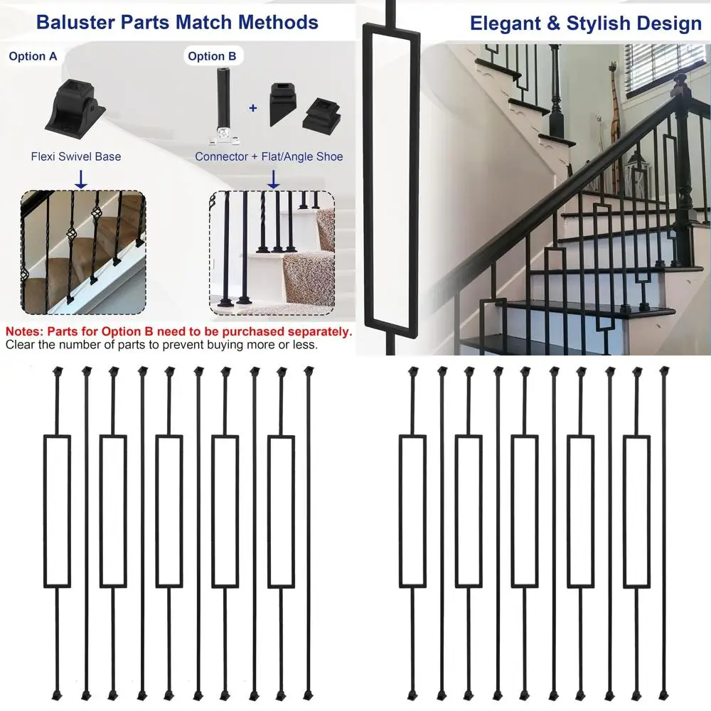 10-Pack Rectangular Hollow Square Craft Spindles Balusters 1/2 for Interior Staircase with Iron Swivel Shoes