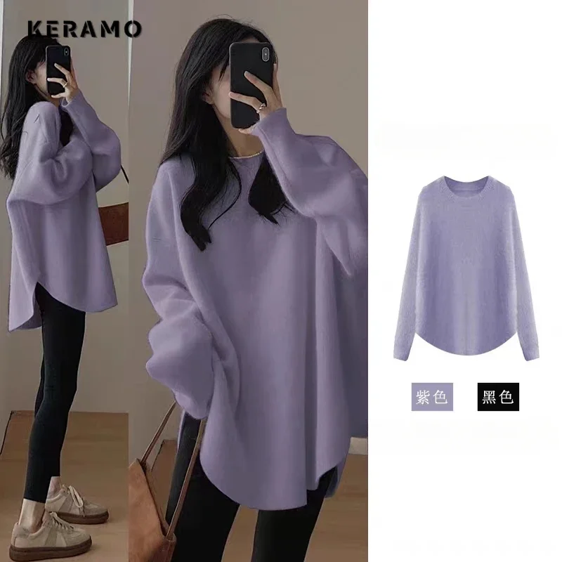 Jerséis informales de manga larga de punto dulce para mujer, jerséis básicos de invierno 2025, suéter morado con cuello redondo para mujer, suéter de Color sólido