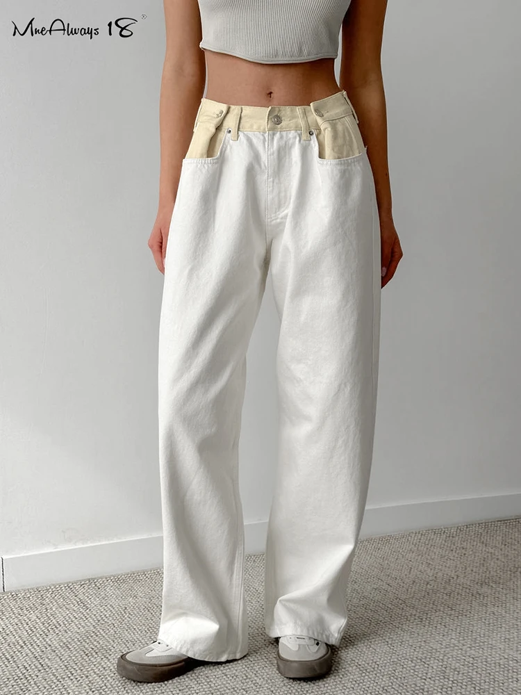 Mnealways18 Patchwork Pleated Wide Legs Pants Women Office White Low Waist Pockets Floor-Length Trousers Autumn 2024 Ladies Pant