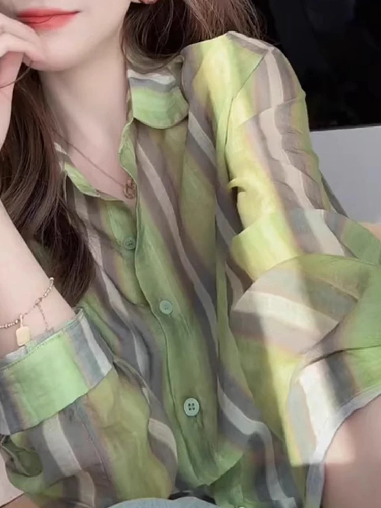 

Ele Single-Button Design Chiffon irt Women's Faionable Color Blo Vertical Stripes Sunscreen Cardigan Outerwear