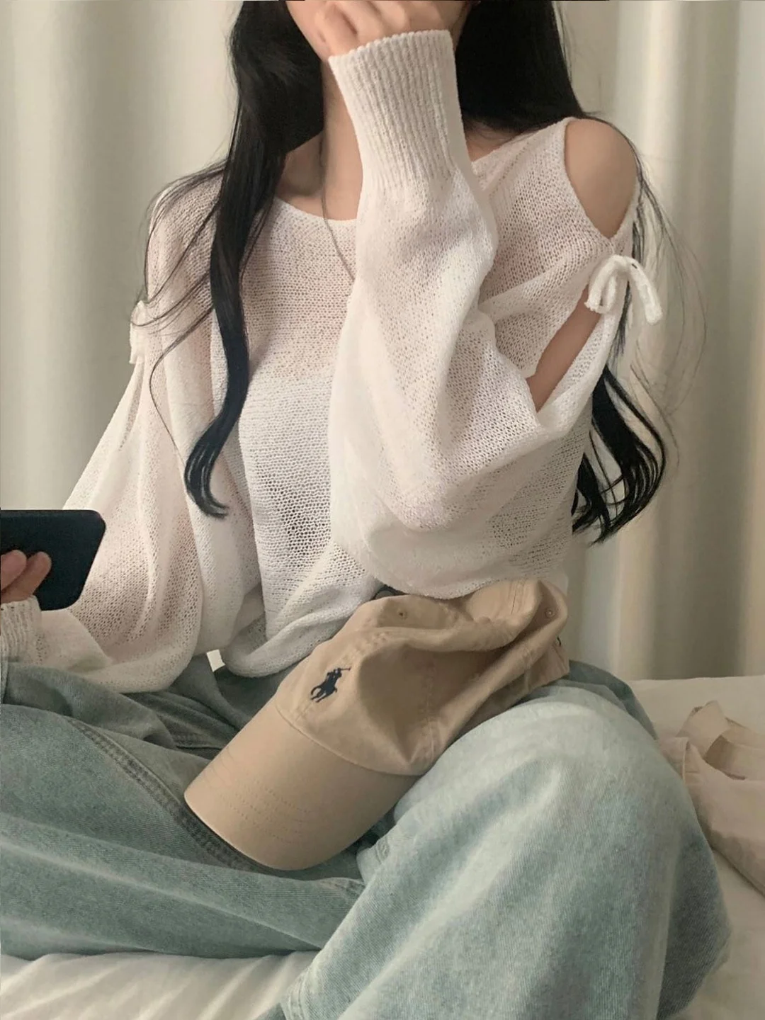 

White Off-Shoulder Long Sleeve Knitted T-Shirt Women's Loose Slimming Summer Top Chic Outerwear Sun Protection Cover up