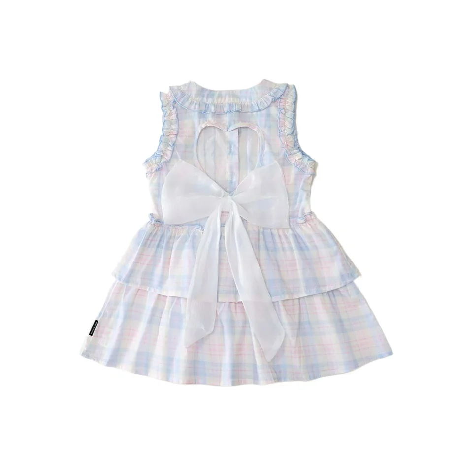 Girls' Summer Sleeveless Plaid Tank Top Dress 2026 New Style Back Hollow Love Children's Bow Cake Skirt Dress