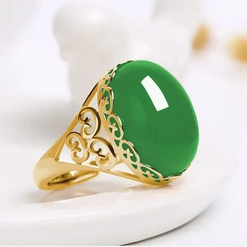 Unisex RingsEthnic Style Imitation Green Chalcedony Ring Temperament Opening Imitation Agate Color Treasure