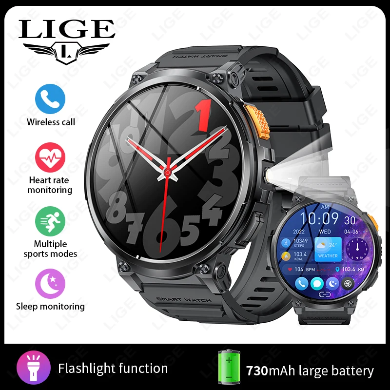 Men's Flashlight Bluetooth Call Smartwatch with Large Battery