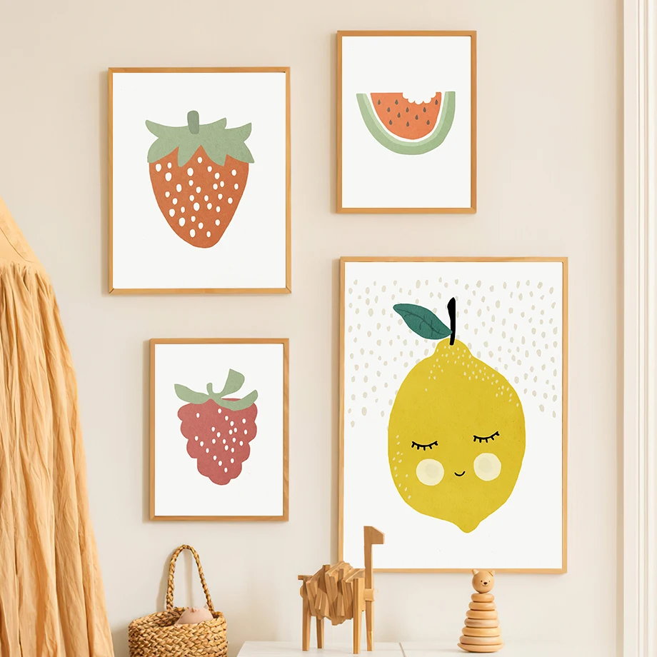 Colorful Fruits Apple Pear Lemon Strawberry Flower Wall Art Canvas Painting Posters Prints Cartoon Pictures Baby Kids Room Decor
