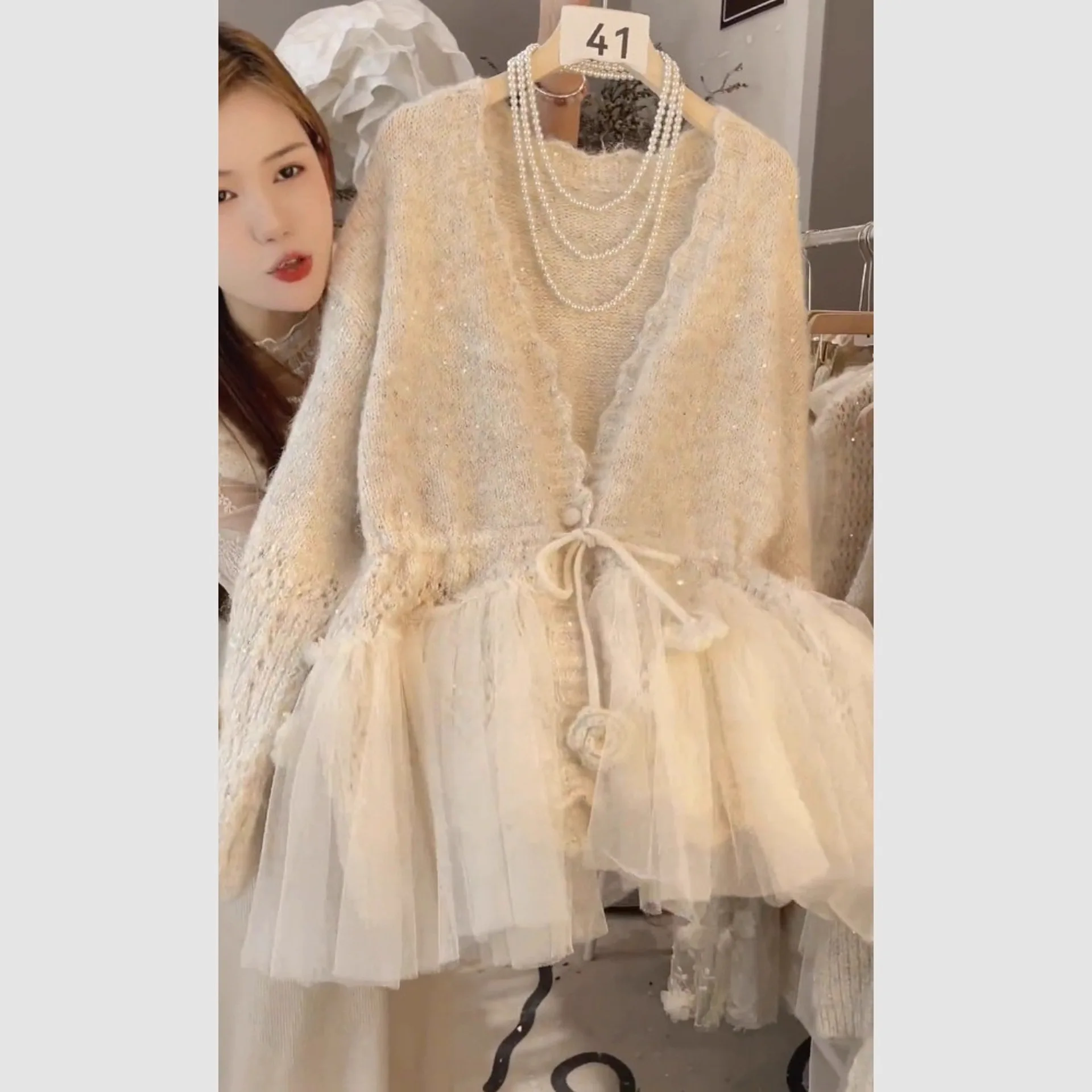 

e Lace Splice Knitted Sweater with Dstring Cardigan Sle Women's Thiened Spring Outerwear Polyester Fiber