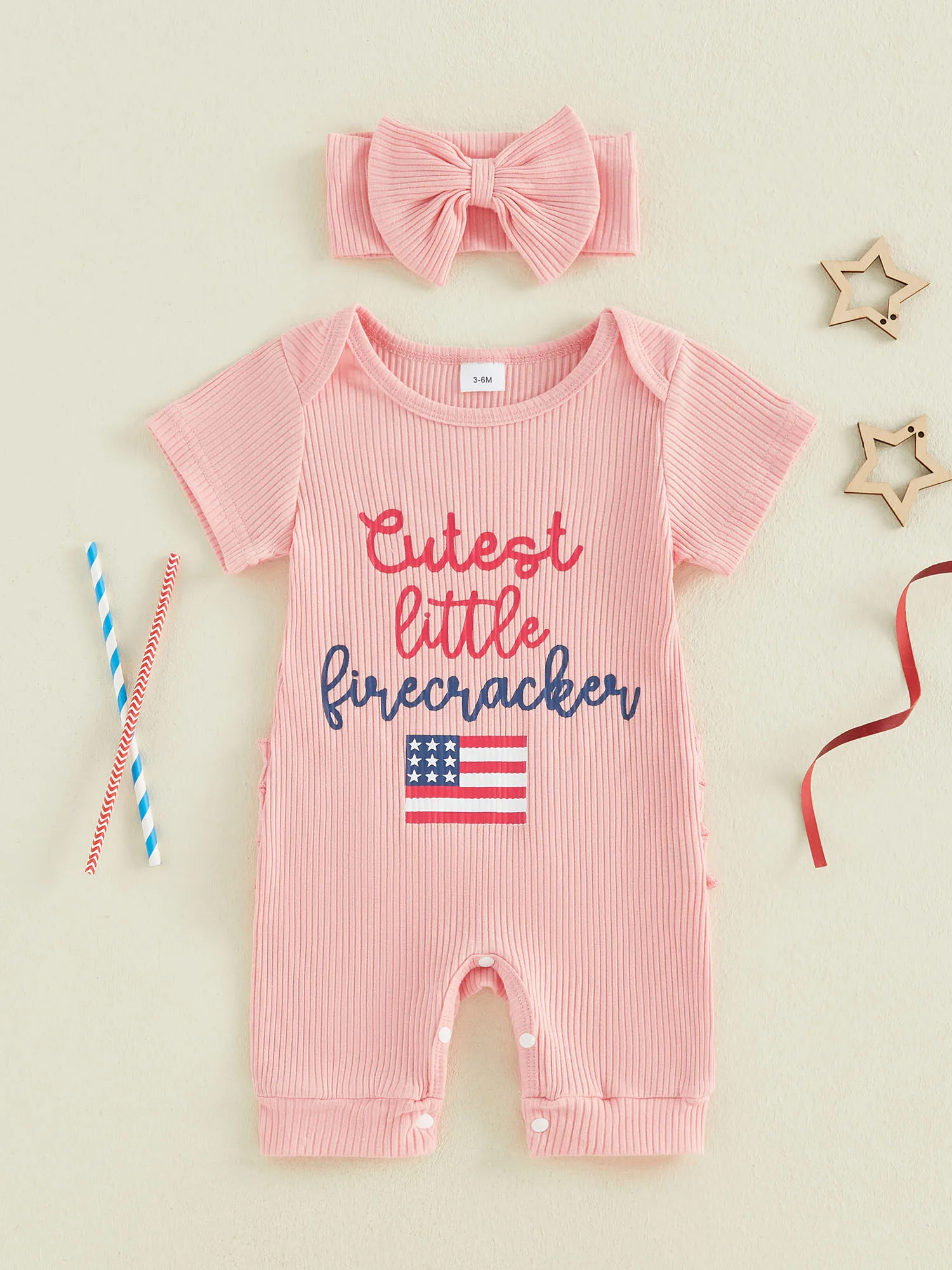 

Toddler Girls Patriotic Romper Short Sleeve Round Neck American Flag Print Jumpsuit with Matching Headband for Independence Day