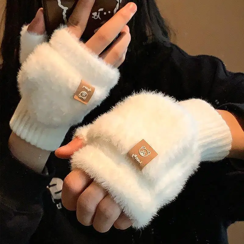 

Осень-зима, мягкие флисовые перчатки с полупальцами, женские плюшевые вязаные перчатки без пальцев, варежки на запястье, студенческие перчатки для письма