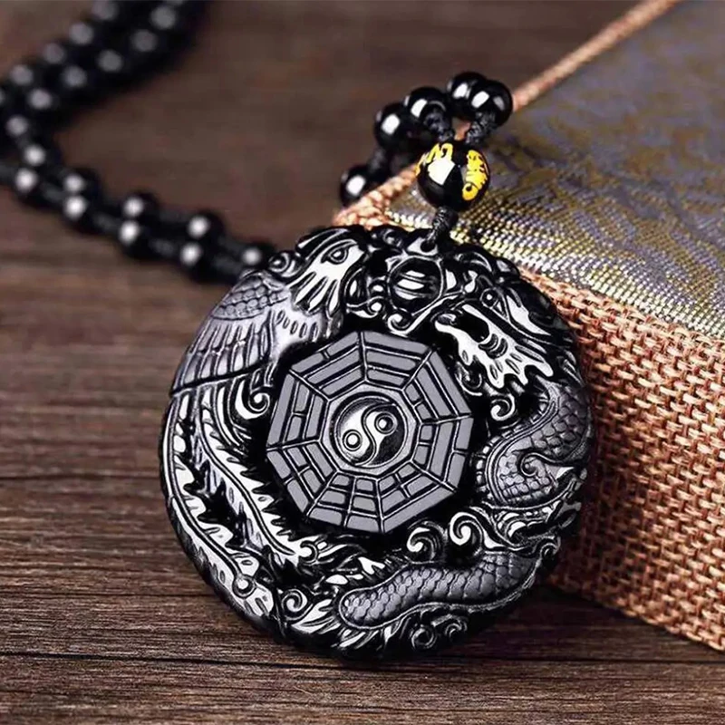 1Pc Natural Black Obsidian Hand Carved Chinese Dragon Phoenix Bird Amulet  Necklace For Women Men Luck Mascot Amulet Pendant