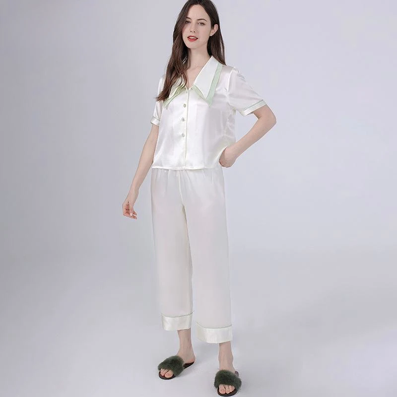 custom design 100% silk pajama set Home suit 19mm women silk short sleeve two pieces sleeping wear set sexy pajamas woman